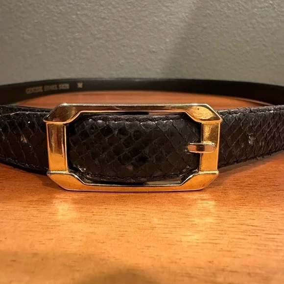 Vintage Genuine Snake Skin Black Leather Belt with Gold Buckle - Picture 8 of 8